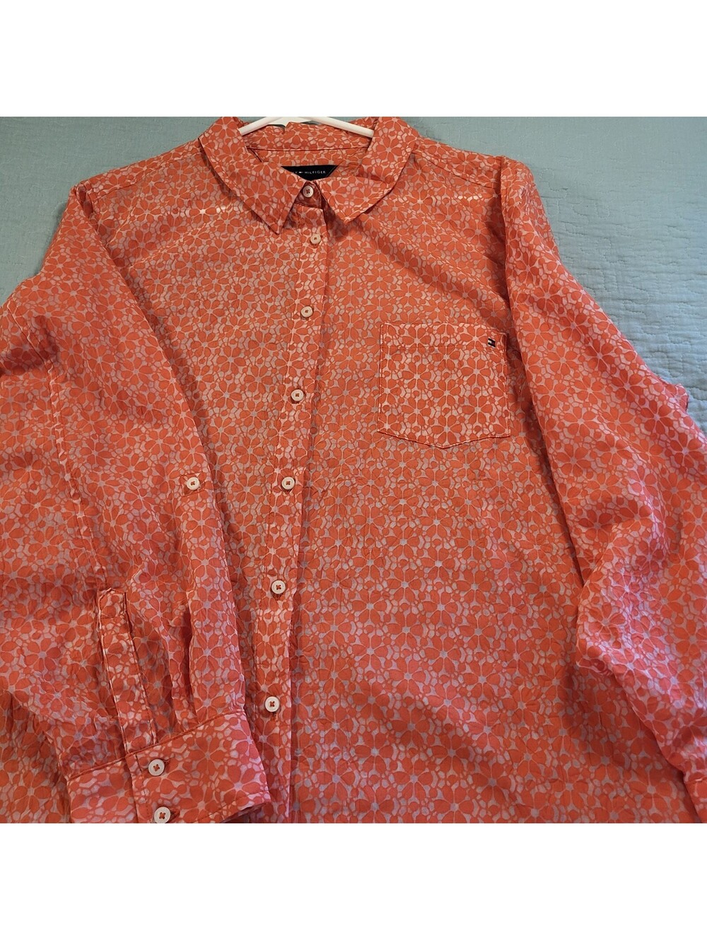 Tommy Hilfiger Women's Orange sheer Floral Button Down Shirt 1X